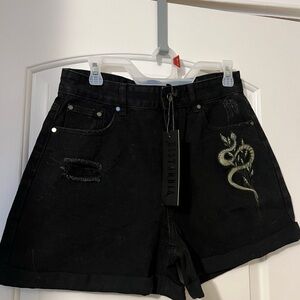 NWT Disturbia Black Denim Shorts with Embroidered Green Snake